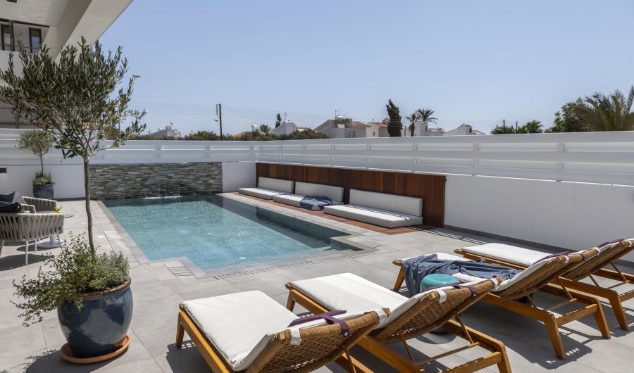 Chris Le Mare Gold Villa Protaras pool and sunbeds