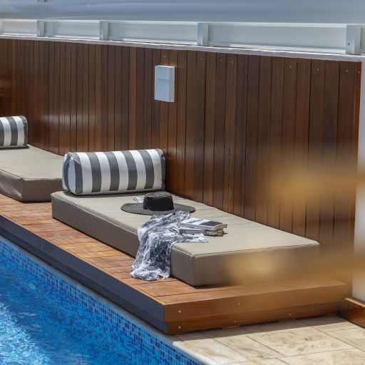 Chris Le Mare Villas Protaras sunbeds by the pool