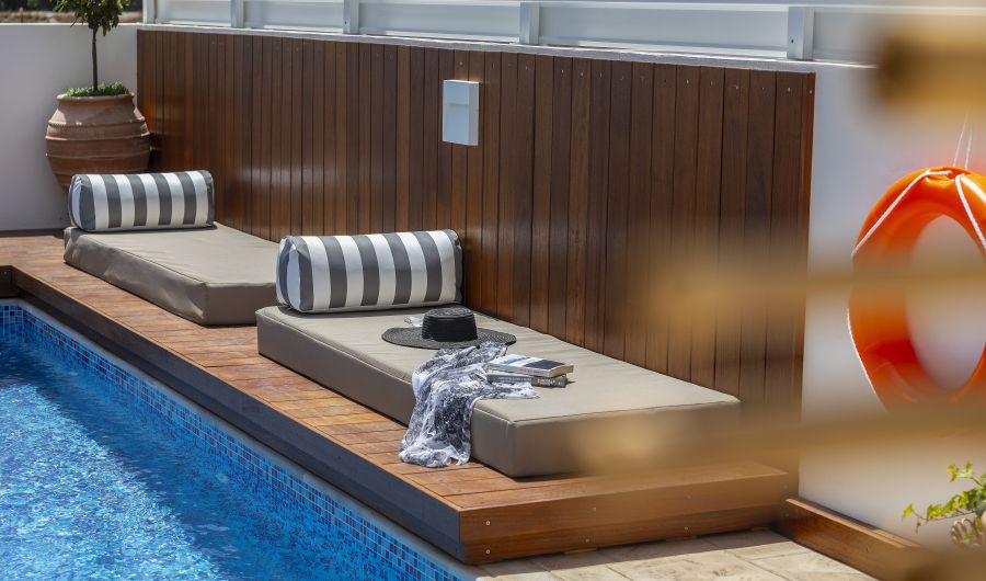 Chris Le Mare Villas Protaras sunbeds by the pool