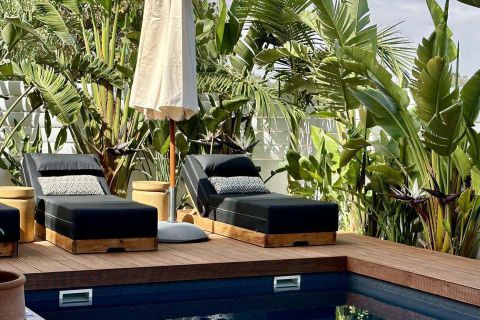 Protaras Lora Pearl Villa sunbeds by the pool