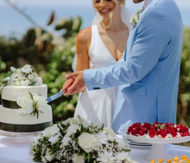 Imperial Island couple at wedding reception with cake