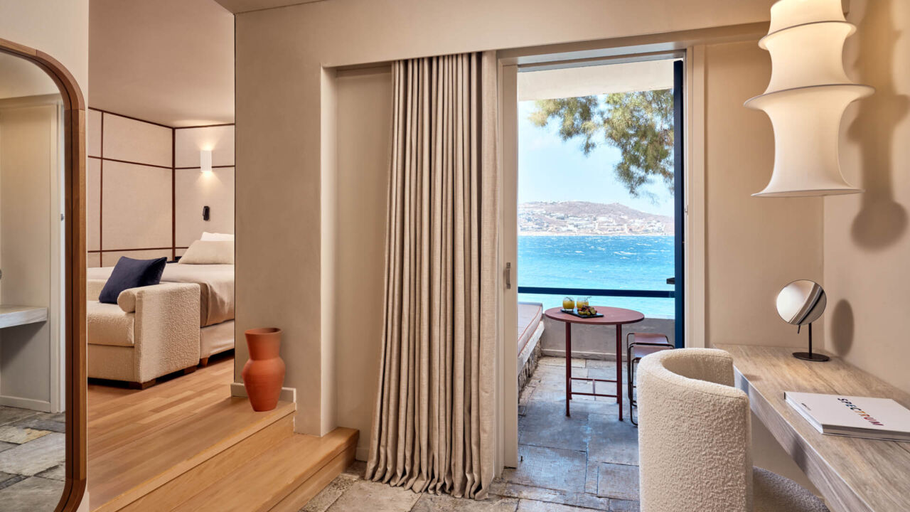 Mykonos Theoxenia room sitting area and balcony