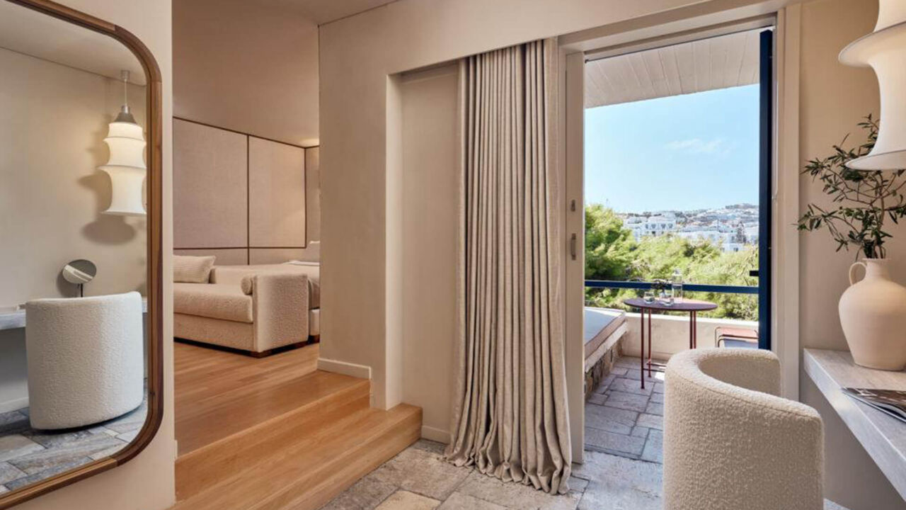 Mykonos Theoxenia room sitting area and balcony