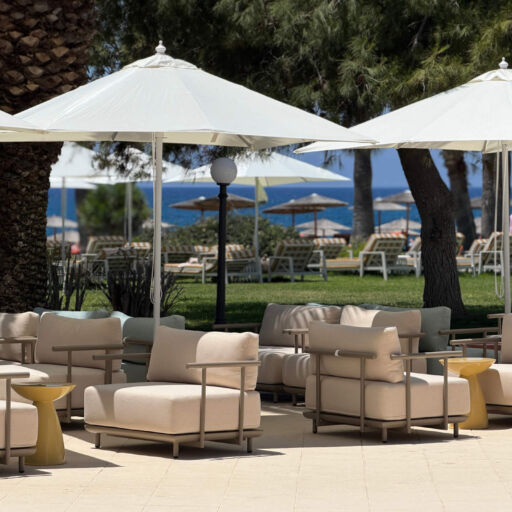 Imperial Island Resort outdoor space with umbrellas and couches