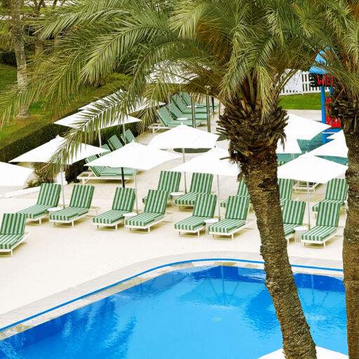 Outdoor pool with palm tree and sunbeds at Imperial Island Resort
