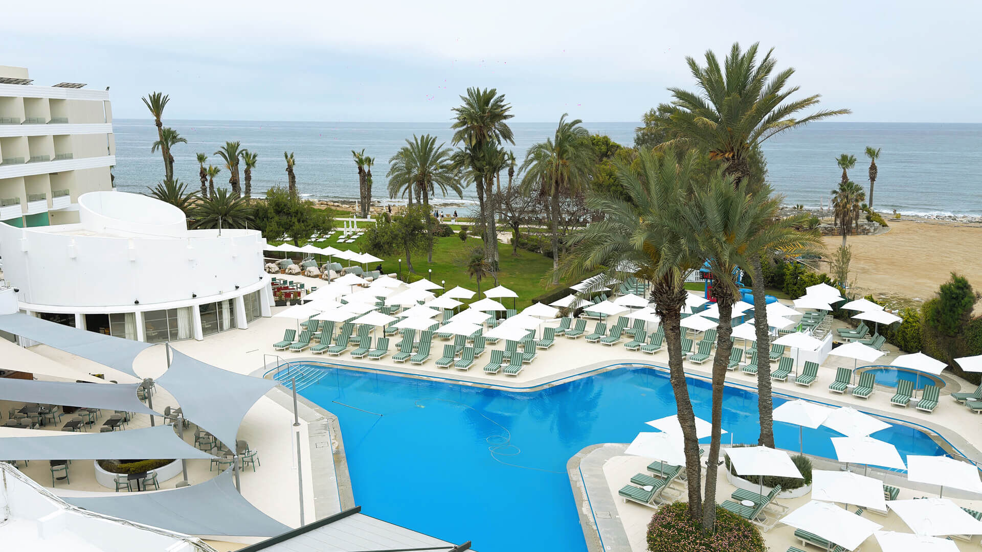 Aerial View of the Pool and beach of the Imperial Island resort