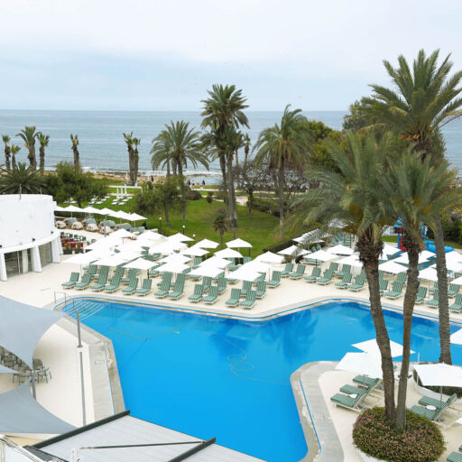 Aerial View of the Pool and beach of the Imperial Island resort