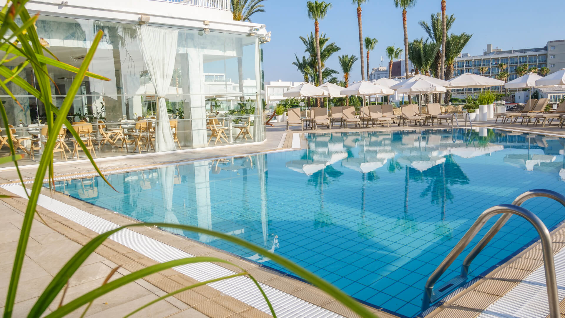 Bar of Infinity Blu with view of pool and sunbeds