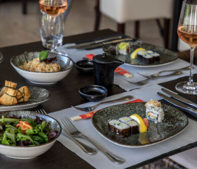 table with sushi at Kerkyra Blue Fiki restaurant