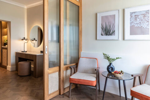 Lounge area at Kerkyra Blue room with sliding doors