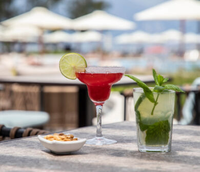 Cocktails on a table at Kerkyra Blue bar