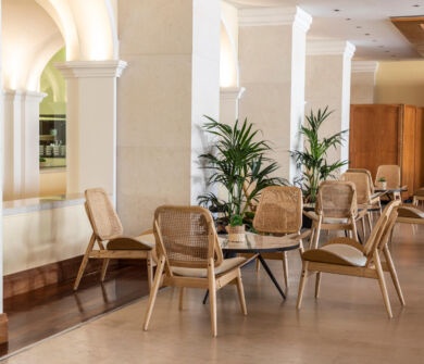 Indoor wooden tables and chars at Kerkyra Blue bar