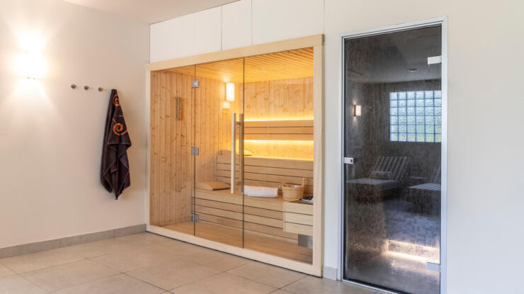 wooden Sauna with see-through glass at Kerkyra Blue spa
