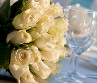 Wedding flowers and decorations on table at Kerkyra blue