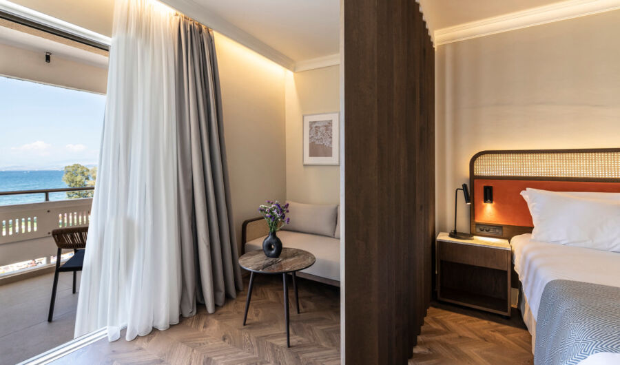 Kerkyra Blue Deluxe Room bedroom and balcony