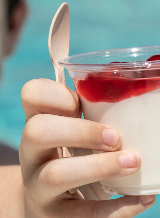 Kid presenting a desert in front of a pool at St.Elias