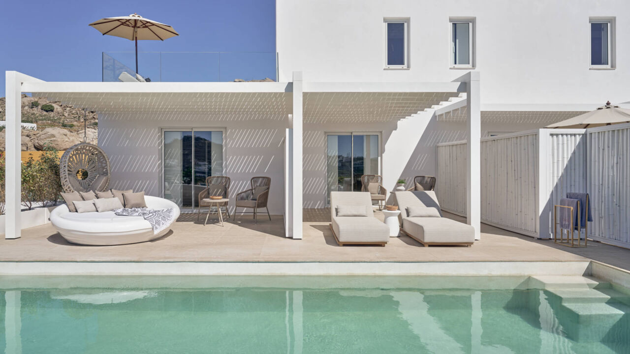 Once In Mykonos room terrace with private pool and sunbeds