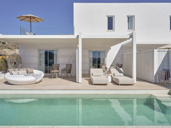 Once In Mykonos room terrace with private pool and sunbeds