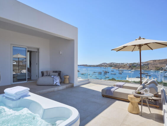 Once In Mykonos balcony with sunbed and jacuzzi