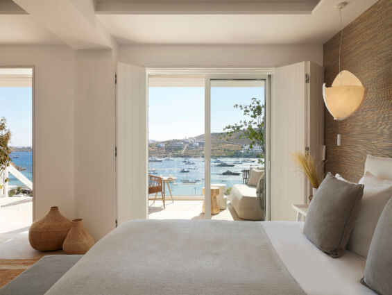 Once In Mykonos room bed and window with sea view