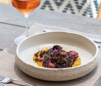 Dish octopus and wine at Royal Apollonia Alati restaurant