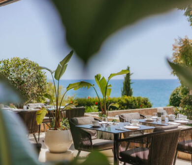 Royal Apollonia outdoor space tables through leaves