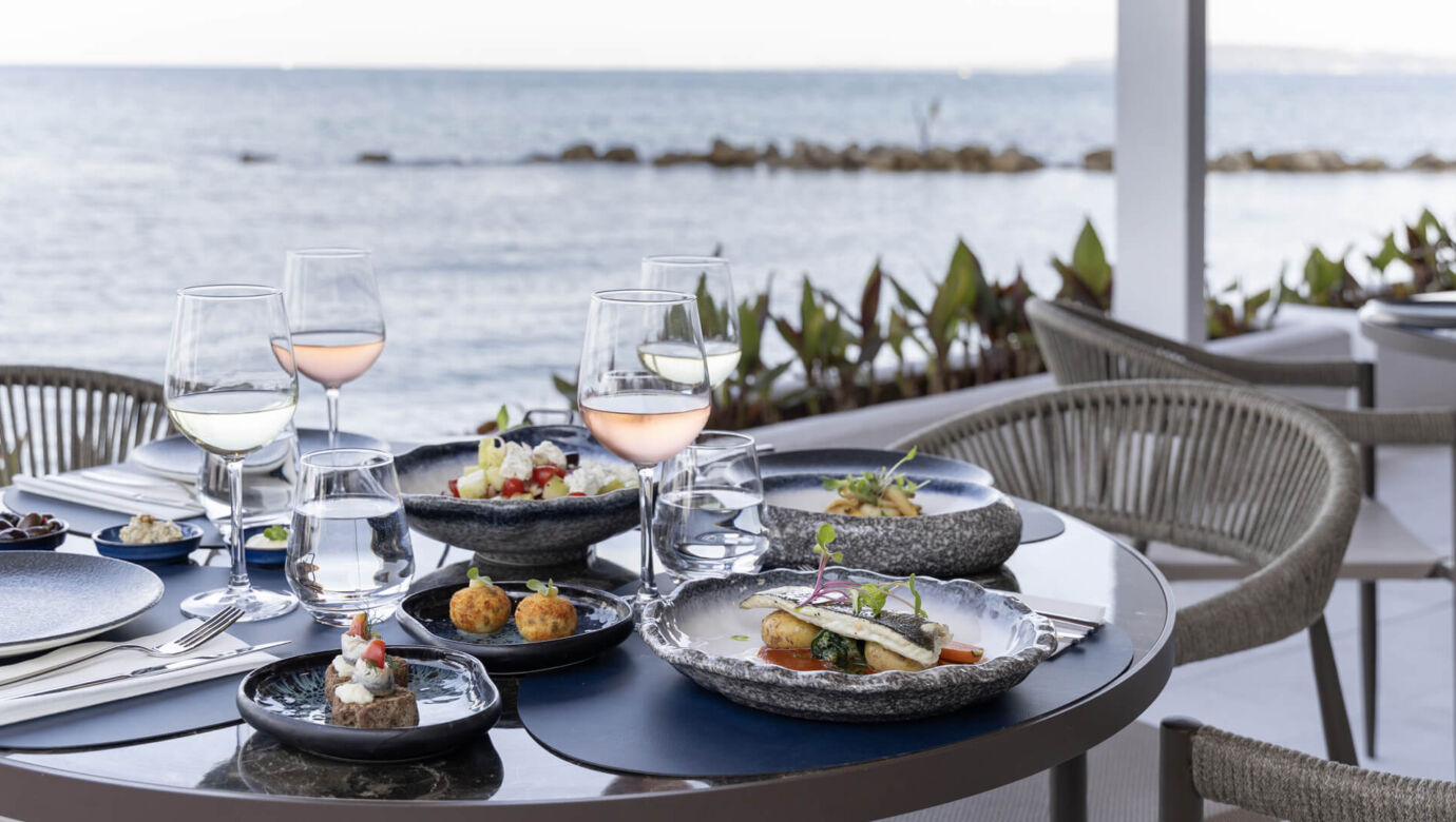Table with appetizers ,spreads and wine with sea view at Valmar Corfu Gill Restaurant