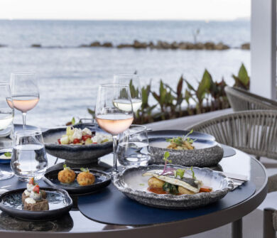 Table with appetizers ,spreads and wine with sea view at Valmar Corfu Gill Restaurant