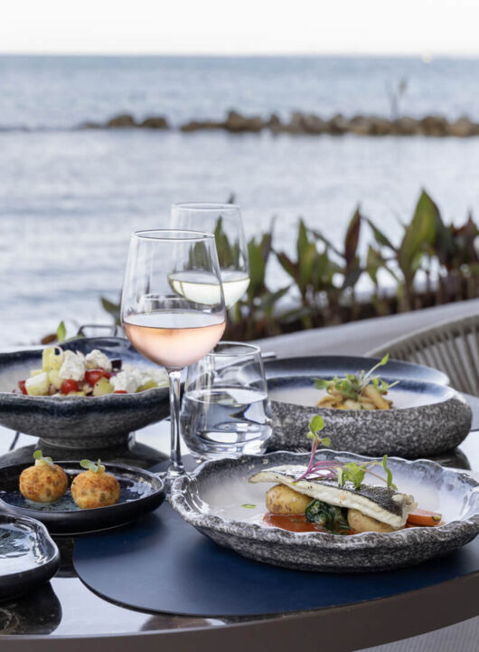 Table with appetizers ,spreads and wine with sea view at Valmar Corfu Gill Restaurant