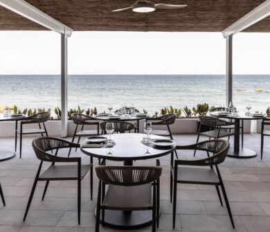 Valmar Corfu Gill Restaurant outdoor terrace with tables and chairs with sea view