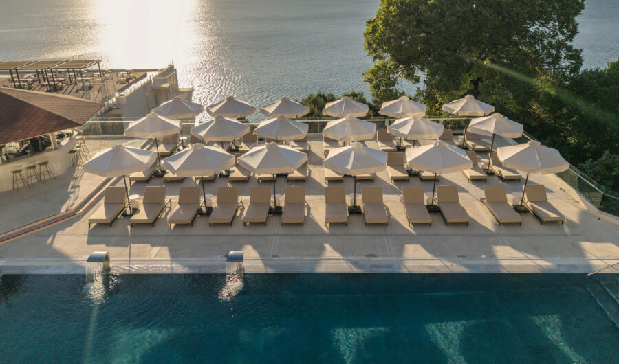 Valmar Corfu pool and sunbeds with sea view