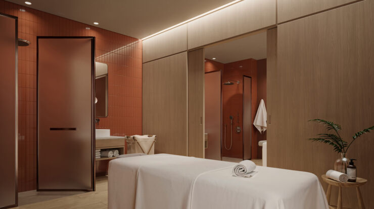 Massage room with shower and towels at Valmar Corfu spa