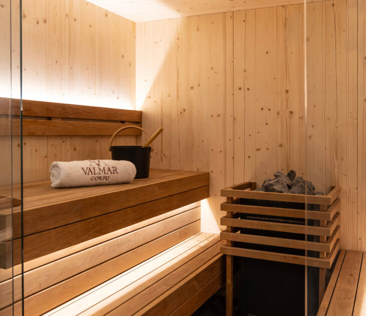 Wooden Sauna with towel at Valmar Corfu Spa